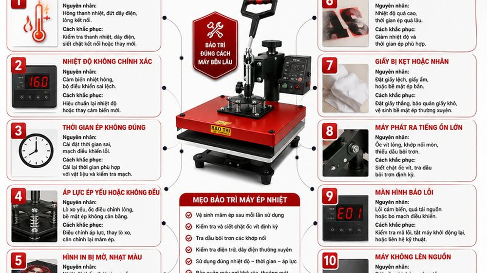 Máy ép nhiệt bị lỗi? 7 sự cố thường gặp, nguyên nhân và cách khắc phục