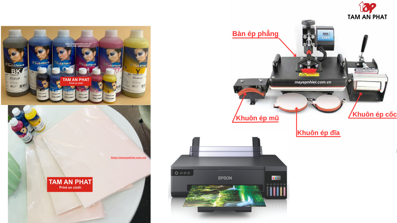 Combo Máy Ép nhiệt + Giấy In chuyển nhiệt + Mực In chuyển nhiệt Tâm An Phát