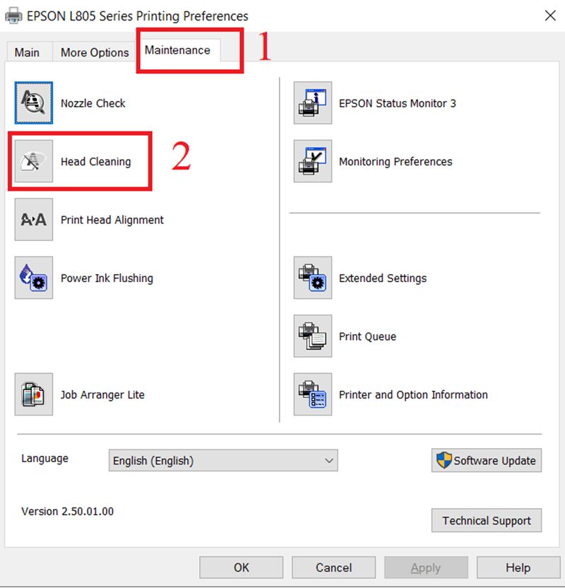 Truy cập chế độ vệ sinh đầu phun