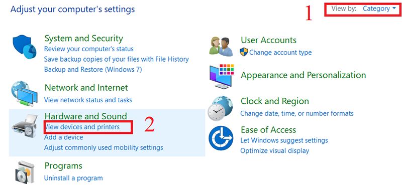 Truy cập mục Devices and Printers