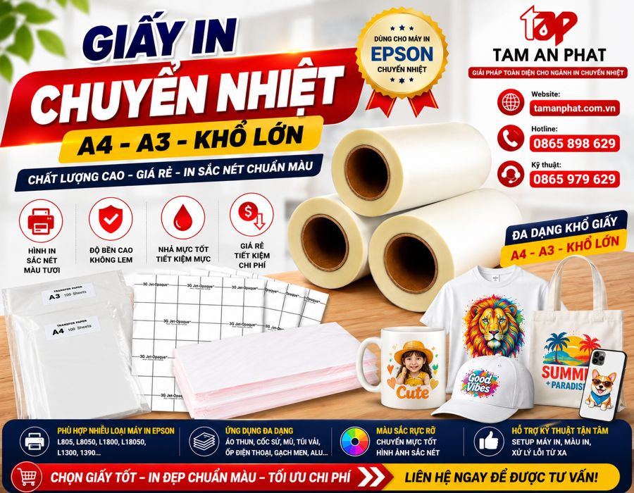  giấy in chuyển nhiệt phổ biến: A4, A3, khổ lớn Tâm An Phát