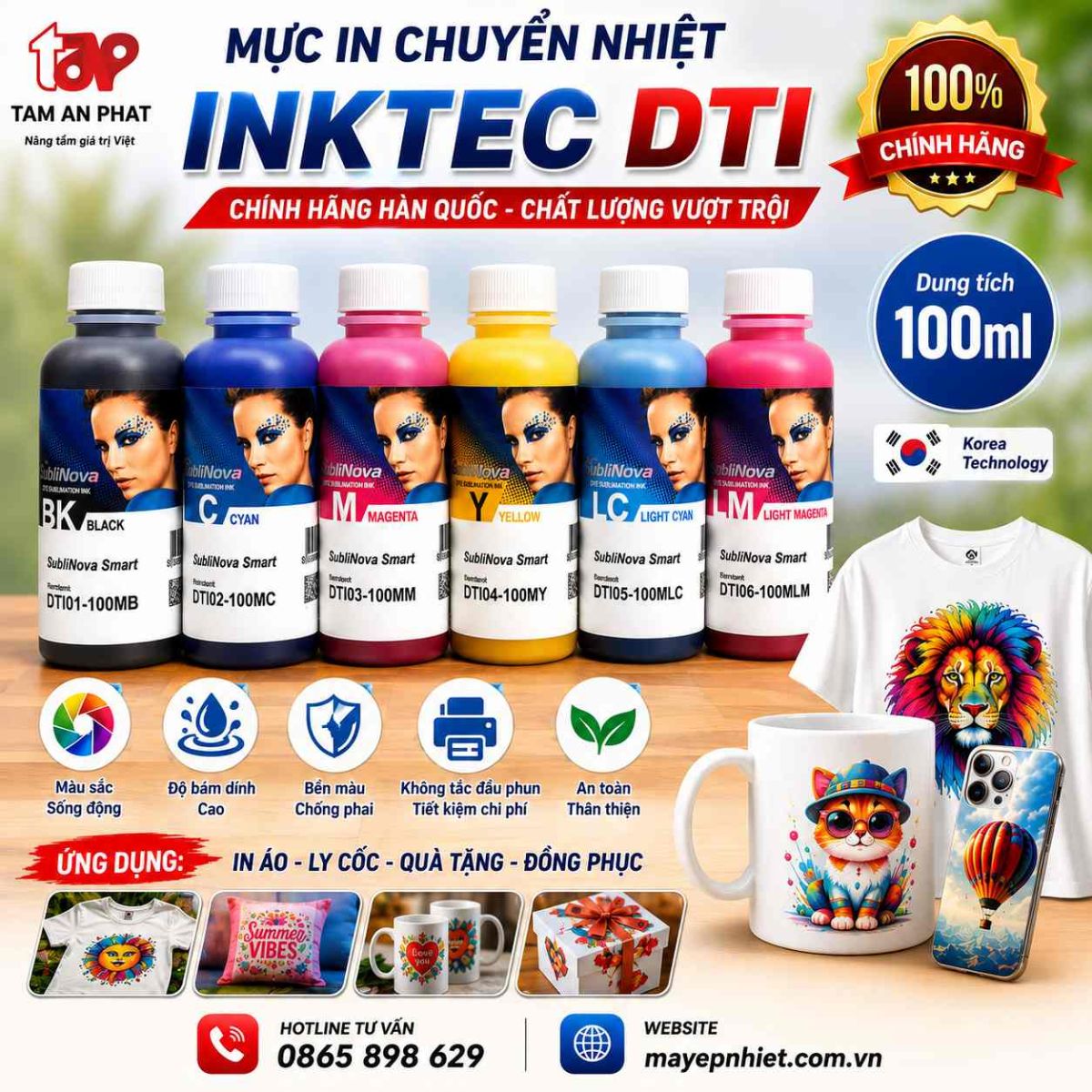 Mực in chuyển nhiệt Inktec DTI 100ml chính hãng in áo ly cốc quả nặng sắc nét