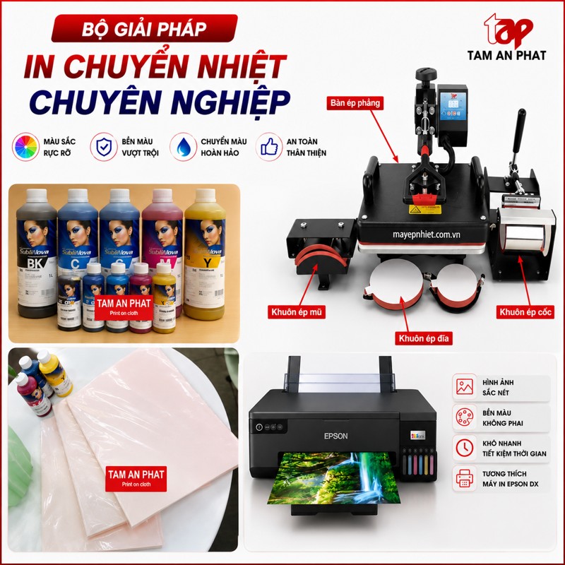Combo Máy Ép nhiệt + Giấy In chuyển nhiệt + Mực In chuyển nhiệt cho người kinh doanh quà tặng