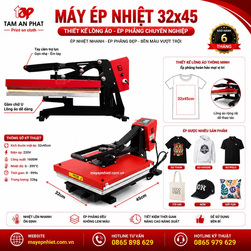 Máy ép nhiệt 32x45thiết kế lồng áo thông minh