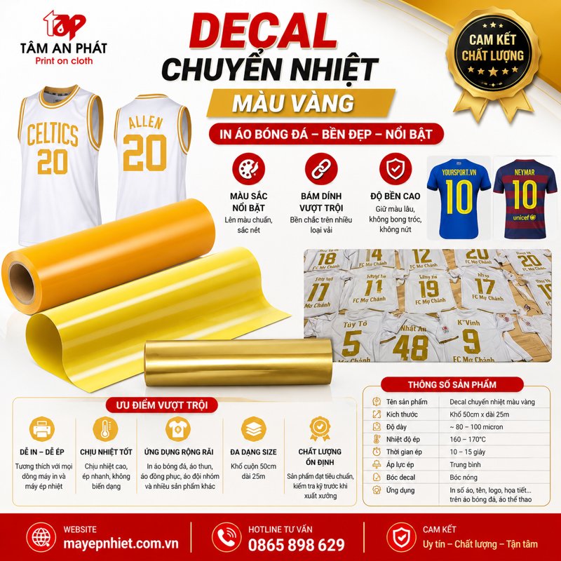 Decal chuyển nhiệt màu vàng in áo bóng đá