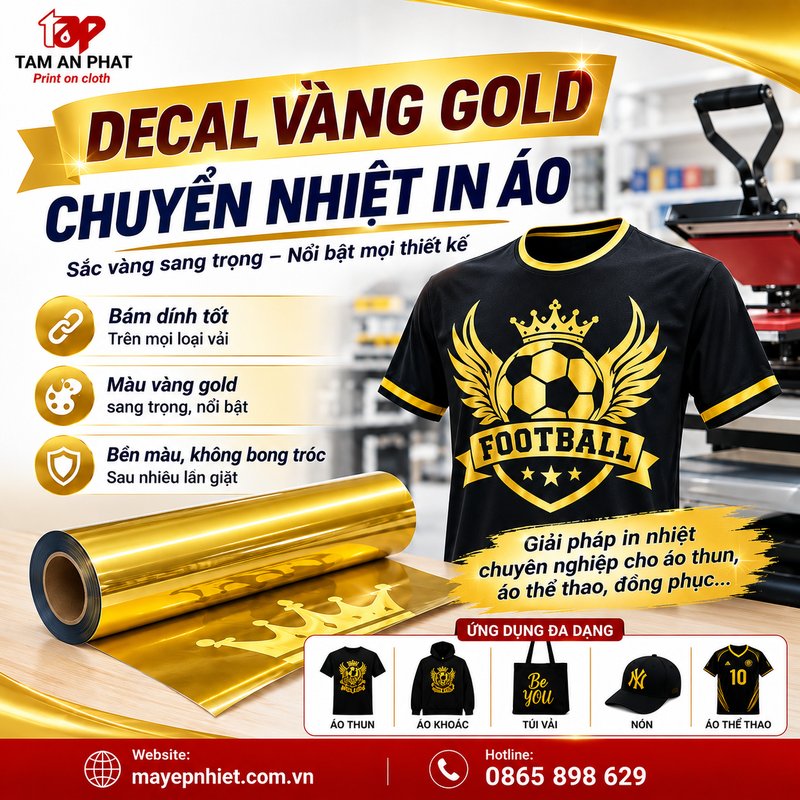 Decal vàng gold chuyển nhiệt cao cấp ép lên áo thun bằng máy ép nhiệt