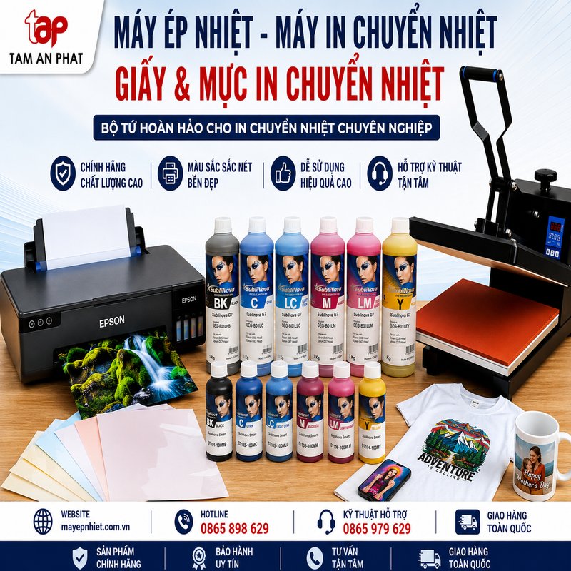 chuẩn bị máy ép nhiệt, máy in chuyển nhiệt, giấy in và mực in trước khi ép áo