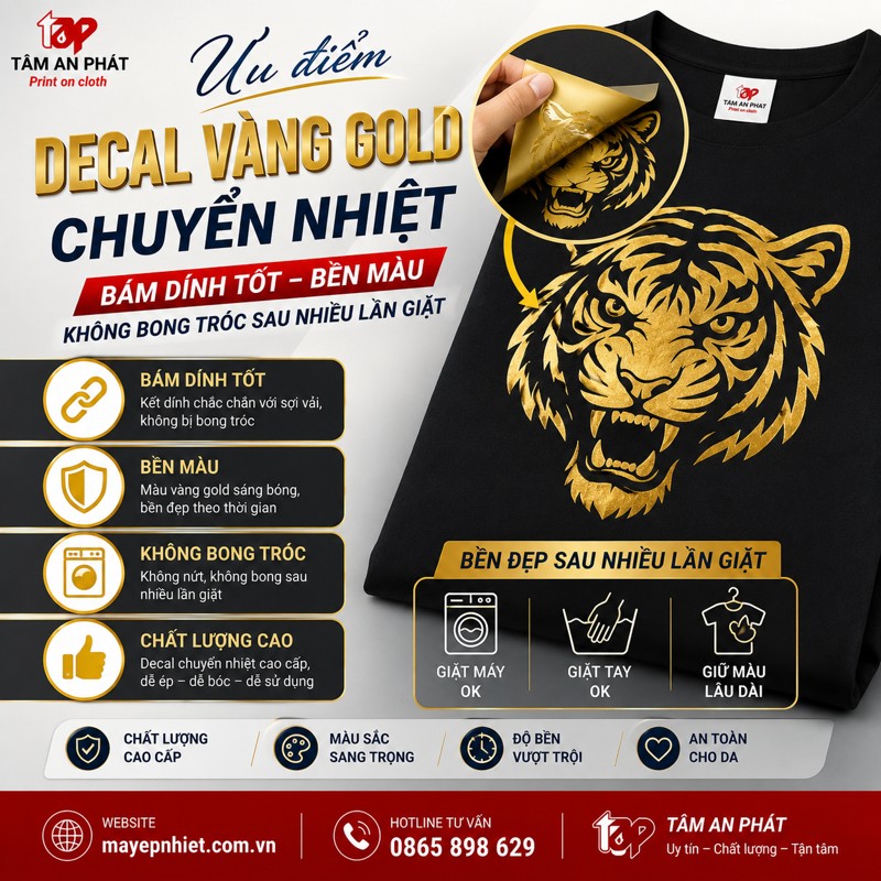 Ưu điểm decal vàng gold chuyển nhiệt bám dính tốt bền màu không bong tróc sau nhiều lần giặt