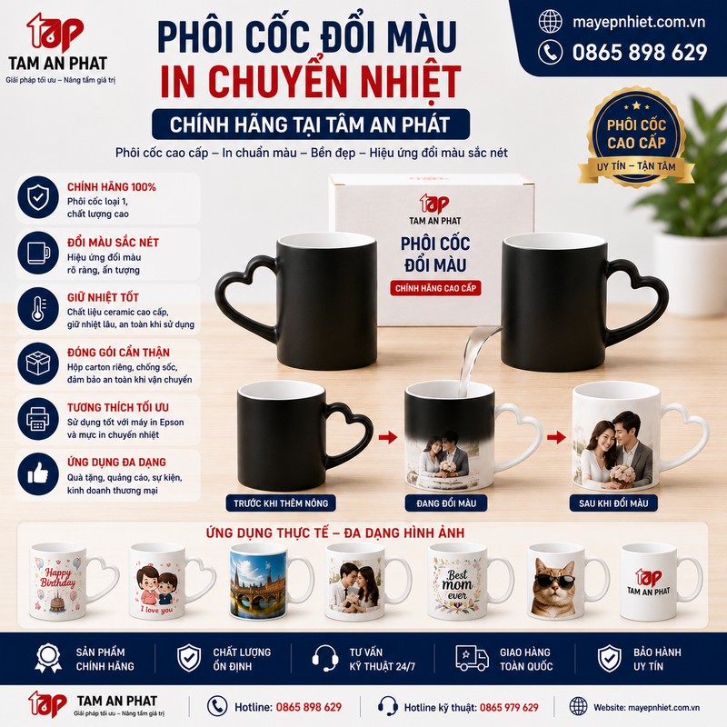 Phôi cốc đổi màu in chuyển nhiệt tạo hiệu ứng đổi màu khi rót nước nóng, thích hợp làm quà tặng cá nhân hóa