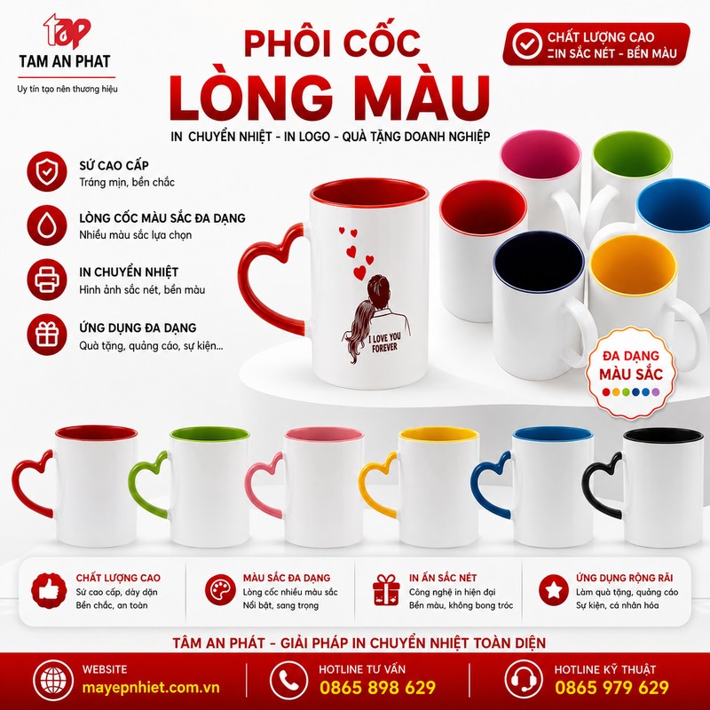 Phôi cốc lòng màu và phôi cốc viền màu in chuyển nhiệt với nhiều màu sắc nổi bật dành cho in logo và hình ảnh