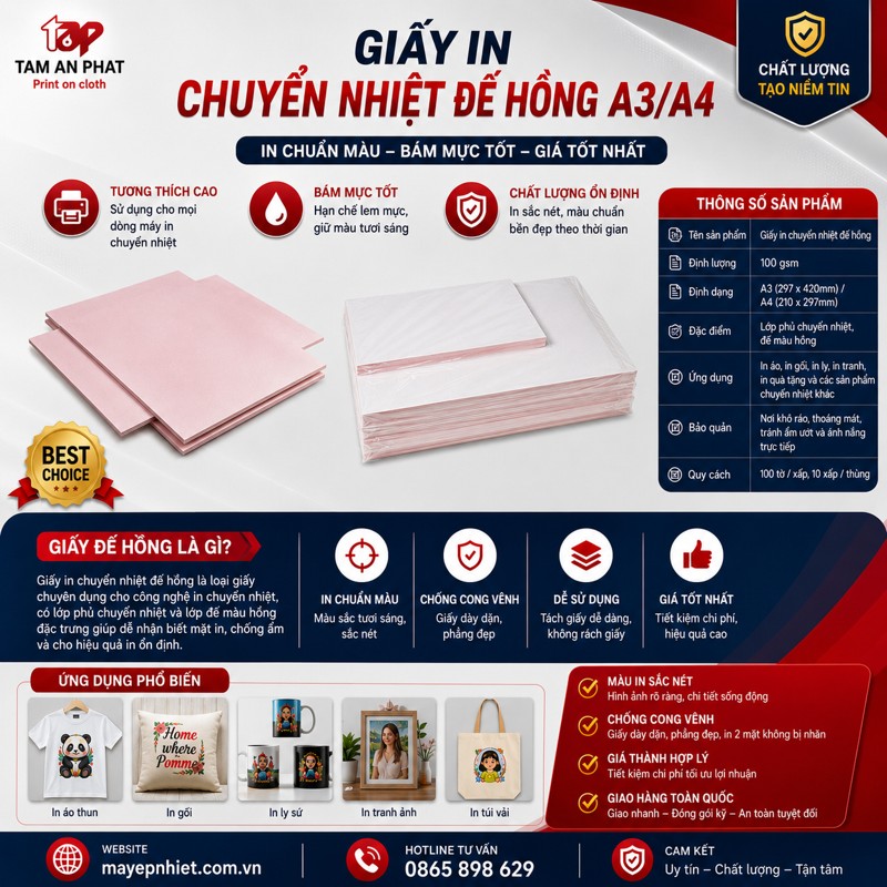 Giấy in chuyển nhiệt đế hồng cho áo polyester và quà tặng chuyển nhiệt
