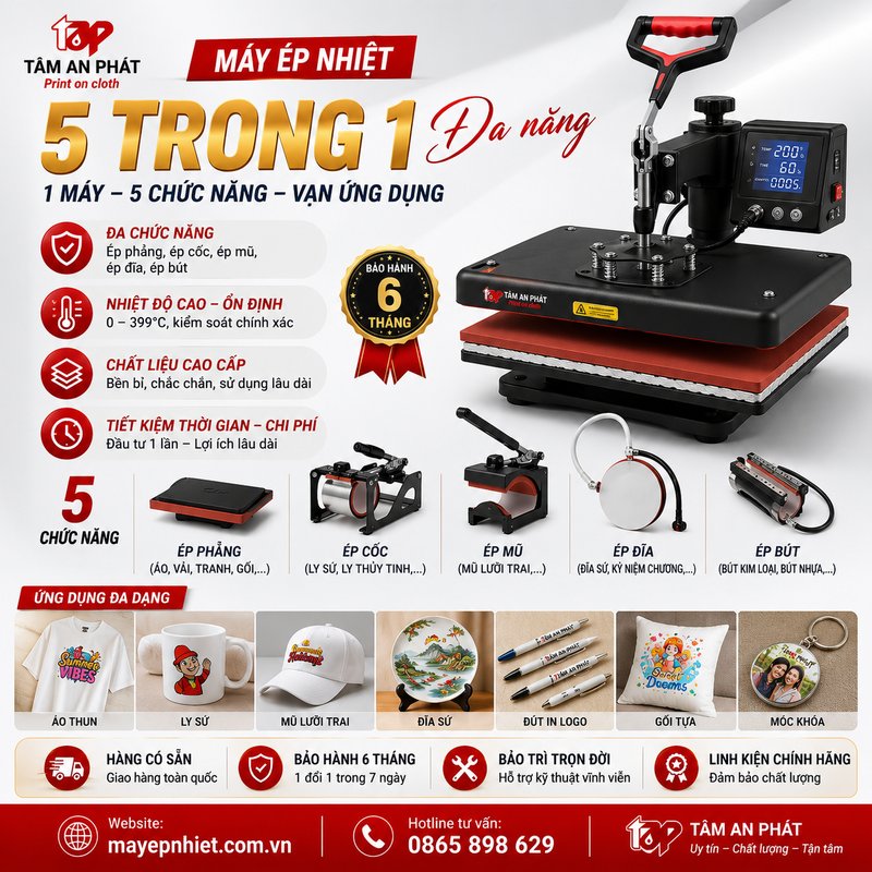 Máy ép nhiệt đa năng 5 trong 1 dùng ép áo cốc mũ tại Tâm An Phát