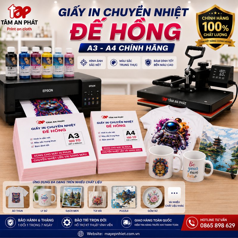 Giấy in chuyển nhiệt đế hồng A3 A4 dùng in áo thun ly sứ và quà tặng