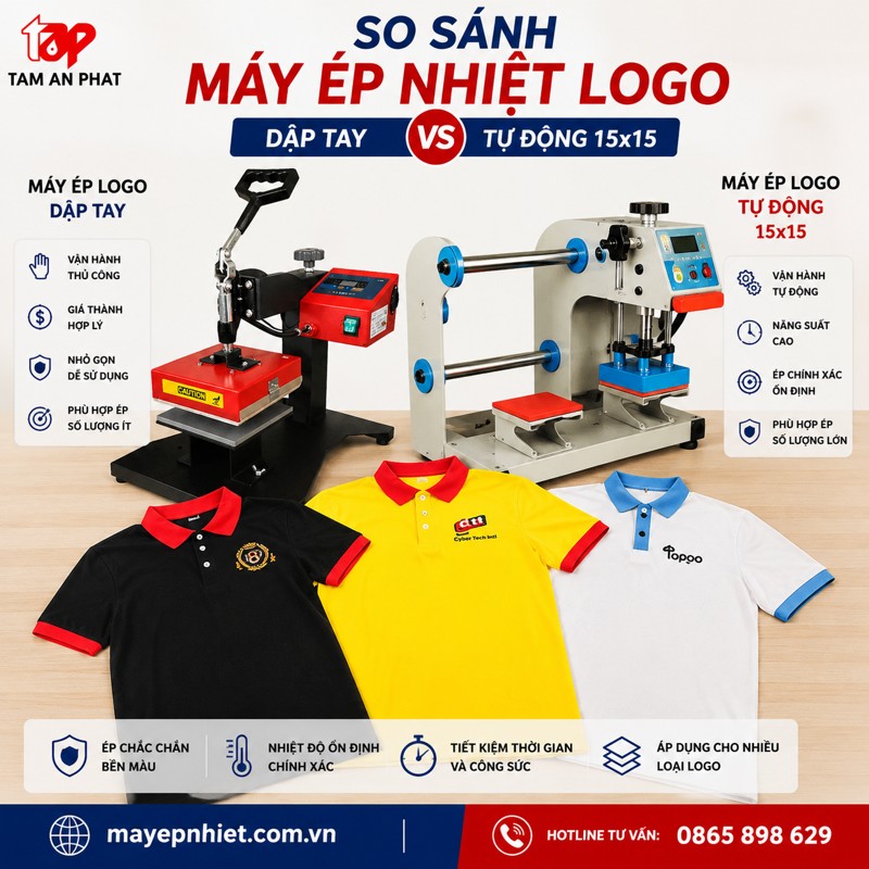 So sánh máy ép nhiệt logo dập tay và máy ép nhiệt logo tự động 15x15