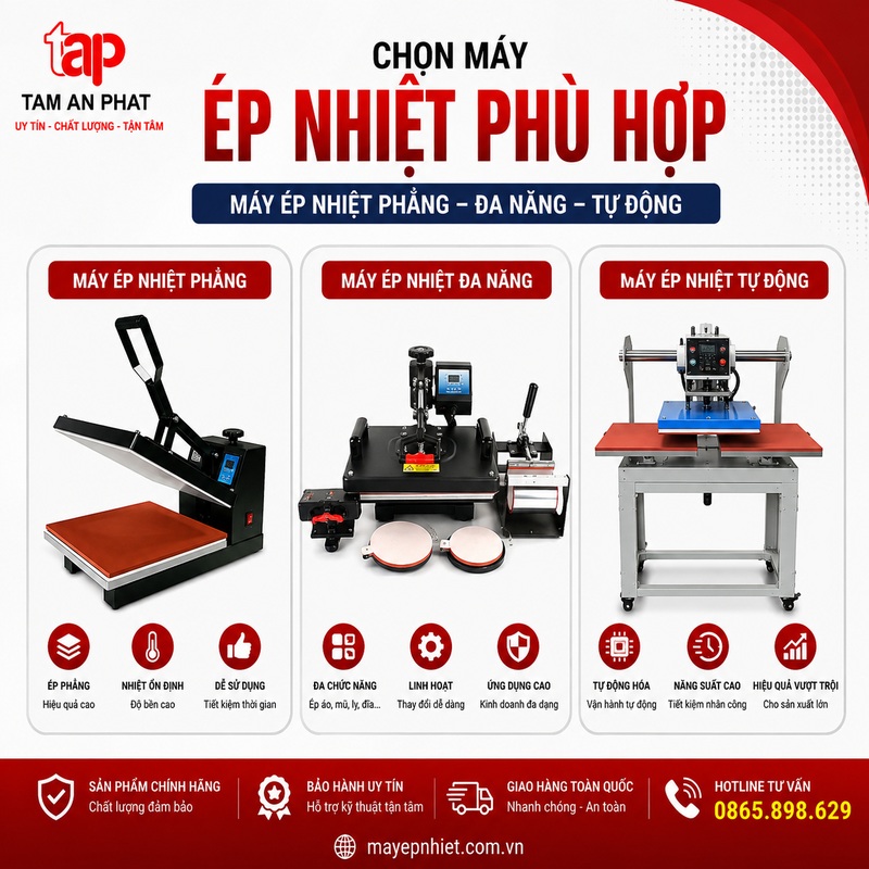 Chọn máy ép nhiệt phẳng, máy ép nhiệt đa năng, hay máy ép nhiệt tự động
