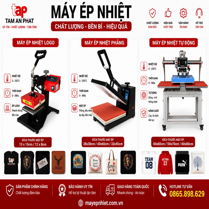 Máy ép nhiệt logo, máy ép nhiệt phẳng và máy ép nhiệt tự động 