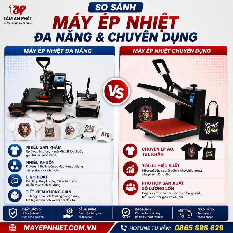 So sánh máy ép nhiệt đa năng và máy ép nhiệt chuyên dụng