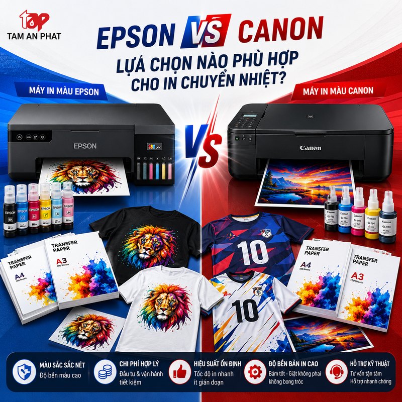 Máy in màu Epson hay Canon cho nhu cầu in chuyển nhiệt