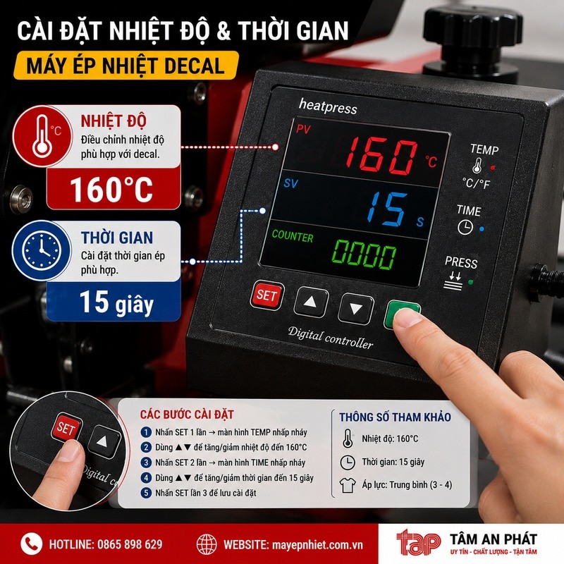 Cài đặt nhiệt độ thời gian và lực ép máy ép nhiệt khi ép decal