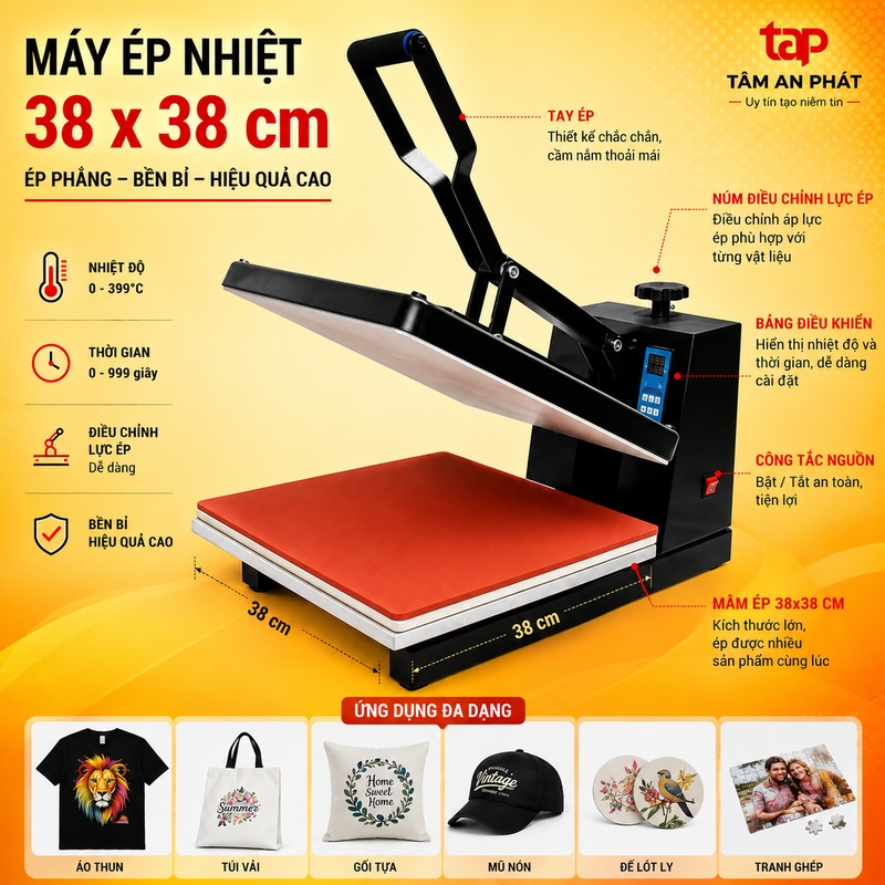 Máy ép nhiệt phẳng 38x38cm ép áo và túi vải